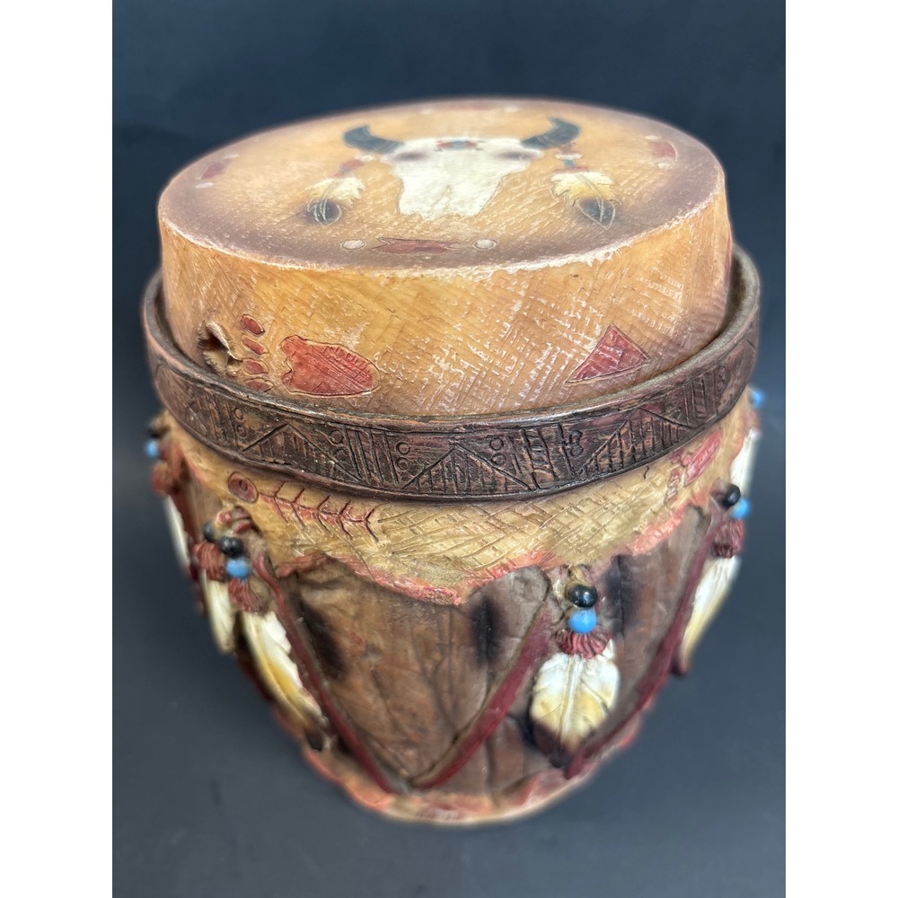 Southwestern Buffalo Skull Drum Resin Canister Decorative Jar with Lid 7.5in